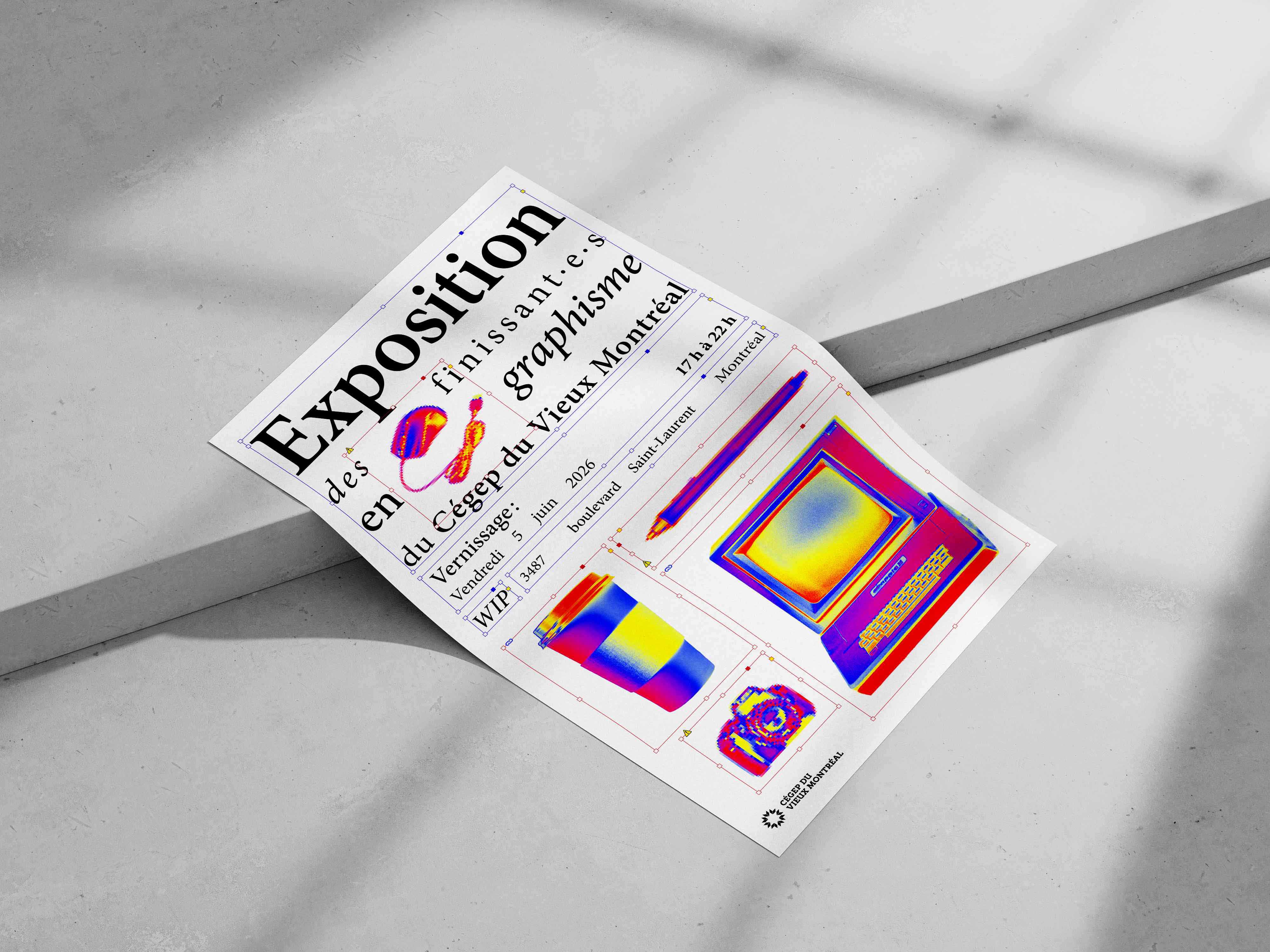 Affiche posée en angle sur du béton avec ombres portées